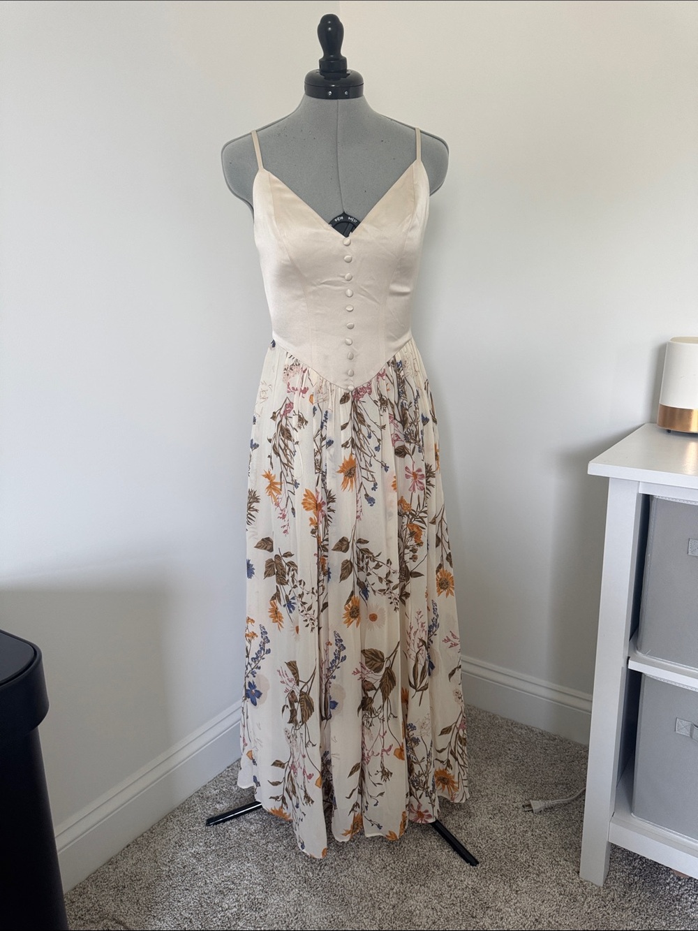 Reformation Cream Floral Midi Dress with Spaghetti Straps